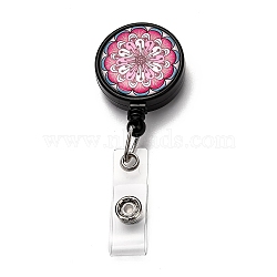 Flat Round ABS Plastic Badge Reel, Retractable Badge Holder, with Platinum Iron Alligator Clip, Cerise, Flower Pattern, 87mm, Flat Round: 43x32.5x16.5mm(AJEW-I053-37A)