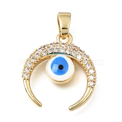 Brass Micro Pave Clear Cubic Zirconia Pendants, with Enamel, Horn with Evil Eye Charms, Rack Plating, Long-Lasting Plated, Cadmium Free & Lead Free, Golden, 16.5x15x3mm, Hole: 4.5x3mm(KK-C263-22F-G)