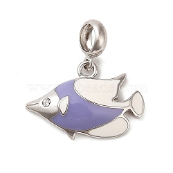 Rhodium Plated 925 Sterling Silver Enamel European Dangle Charms, Large Hole Fish Charms, Platinum, Lilac, 20.5mm, Hole: 4.5mm(STER-P062-01A-05)