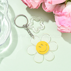 Sunflower with Smiling Face & Star Transparent Acrylic Keychains, with Iron Split Key Rings, Platinum, Clear, 105mm(KEYC-YW00229-02)