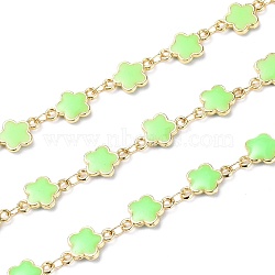 Handmade Alloy Enamel Flower Link Chains, with Spool, Soldered, Long-Lasting Plated, Lead Free & Cadmium Free, Golden, Light Green, 13x7.7x1.7mm, about 16.4 Feet(5m)/roll(ENAM-F138-04A-RS)