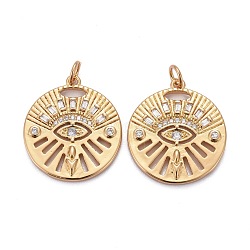 Brass Micro Pave Clear Cubic Zirconia Pendants, Long-Lasting Plated, with Jump Rings, Flat Round with Horse Eye, Real 18K Gold Plated, 22x20x2mm(ZIRC-Z011-18G)