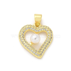 Brass Micro Pave Cubic Zirconia Pendants, Heart, with ABS Imitation Pearl, Rack Plating, Long-Lasting Plated, Lead Free & Cadmium Free, Real 18K Gold Plated, 18.5x16.5x5.5mm, Hole: 3.5x3.5mm(KK-S511-19G)