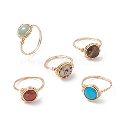 Natural & Synthetic Mixed Gemstone Flat Round Finger Ring, Golden Copper Wire Wrap Jewelry for Women, Inner Diameter: 18~19.3mm(RJEW-JR00564)