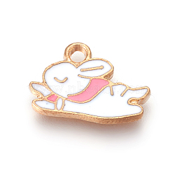 Alloy Enamel Bunny Charms, Rabbit, White, Light Gold, 10x15x2mm, Hole: 1.6mm(ENAM-P161-01B)