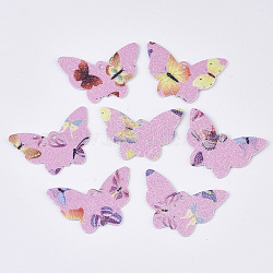 PU Leather Pendants, with Double Sided Glitter Powder, Butterfly, Pink, 32.5x48x1.5~2mm, Hole: 2.5mm(FIND-R072-09-A02)