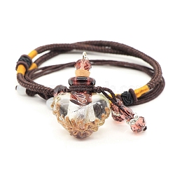 Baroque Style Heart Handmade Lampwork Perfume Essence Bottle Pendant Necklace, Adjustable Braided Cord Necklace, Sweater Necklace for Women, Camel, Bottle: 40x22mm(PW-WG42346-03)