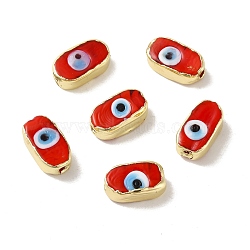 Handmade Evil Eye Lampwork Beads, with Brass Findings, Lead Free & Cadmium Free, Long-Lasting Plated, Oval, Red, 14~14.5x7.5~8.5x5.5~6mm, Hole: 0.9~1.4mm(LAMP-D016-02LG-01)