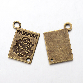 Alloy Charms, Passport, Cadmium Free & Lead Free, Antique Bronze, 16x12x1.5mm, Hole: 2mm