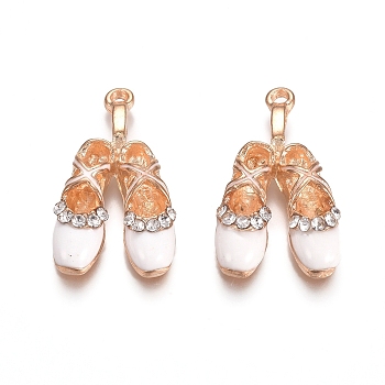 Light Gold Plated Alloy Enamel Pendants, with Crystal Rhinestone, Shoes, White, 26x15x4.5mm, Hole: 1.5mm