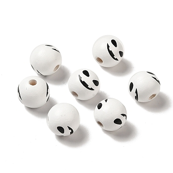 Printed Round Wood European Beads, Halloween Theme Large Hole Beads, Monster Face, White, 16mm, Hole: 4mm