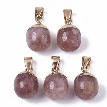 Top Golden Plated Natural Strawberry Quartz Pendants, with Iron Snap on Bails & Loop, Barrel, 17~19x11.5~12.5mm, Hole: 4x6mm
