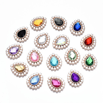 Alloy Acrylic Rhinestone Cabochons, with ABS Plastic Imitation Pearl, Faceted, Teardrop, Cadmium Free & Lead Free, Light Gold, Mixed Color, 32x27x7.5mm