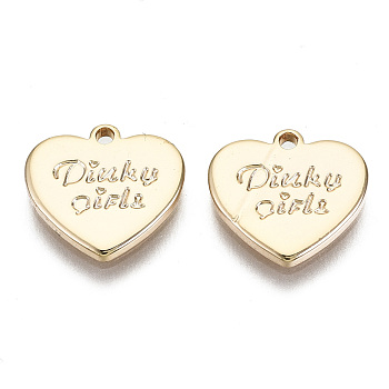 Brass Charms, Nickel Free, Heart with Word, Real 18K Gold Plated, 10x11x1mm, Hole: 1mm