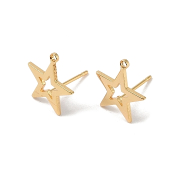 Brass Stud Earring Findings, with Loop, Hollow Star, Real 18K Gold Plated, 13.2x12.7mm, Hole: 1mm, Pin: 0.8x11mm