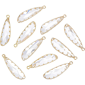 Brass Glass Pendants, Faceted, Teardrop, Clear, Real 18K Gold Plated, 35.5x10x4mm, Hole: 2mm, 10pcs/box