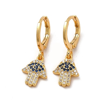 Cubic Zirconia Hamsa Hand with Evil Eye Dangle Leverback Earrings, Rack Plating Brass Jewelry for Women, Cadmium Free & Lead Free, Real 18K Gold Plated, 26mm, Pin: 1mm