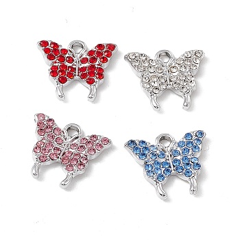 Alloy Rhinestone Pendants, Butterfly Charm, Platinum, Mixed Color, 15x17x2mm, Hole: 2mm
