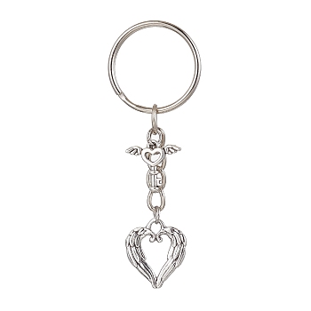 Valentine's Day Heart Alloy Pendant Keychain, with Iron Split Key Rings, Wing, 7.3cm.