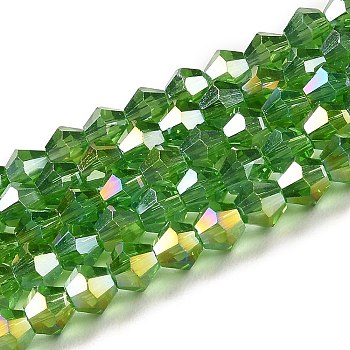 Transparent Electroplate Glass Beads Strands, AB Color Plated, Faceted, Bicone, Lime Green, 4x4mm, Hole: 0.8mm, about 82~85pcs/strand, 12.01~12.2 inch(30.5~31cm)