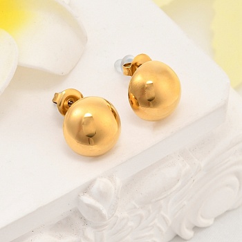 304 Stainless Steel Stud Earrings, Ion Plating(IP), Half Round, Real 14K Gold Plated, 12mm