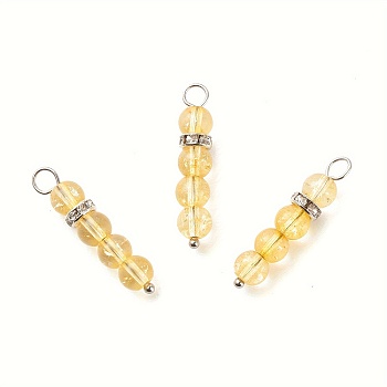 10Pcs Natural Citrine Pendants, Round Beaded Links with 304 Stainless Steel Rhinestone Findings, 30x6.5mm, Hole: 3.3mm