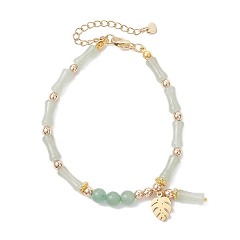304 Stainless Steel Leaf Charm Bracelets, Natural Green Aventurine Bamboo Joint Beaded Bracelets for Women, Golden, 8-1/4 inch(20.9cm)