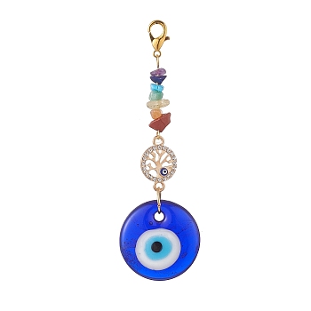 Evil Eye Lampwork Pandant Decorations, with Alloy Rhinestone Links and Stainless Steel Lobster Claw Clasps, Gemstone Chip Bead, Flat Round, 95mm