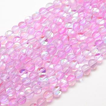 Synthetic Moonstone Beads Strands, Dyed, Holographic Beads, Half AB Color Plated, Round, Pink, 8mm, Hole: 1mm, about 49pcs/strand, 15 inch