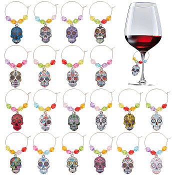 Alloy Enamel Sugar Skull Wine Glass Charms, with Brass Rings and Acrylic Beads, Mixed Color, 53mm, 20pcs/set