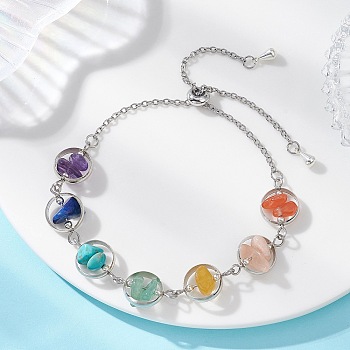 Chakra Brass Ring Link & Natural & Synthetic Mixed Gemstone Chips Beads Link Bracelets, Brass Cable Slider Chain Bracelets for Women, Platinum, 10.79 inch(27.4cm)
