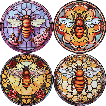 PVC Window Static Stickers, Round Waterproof Electrostatic stickers for Window Decoration, Bees, 255x0.3mm, 4pcs/set