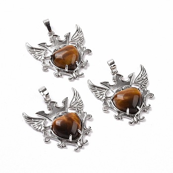 Natural Tiger Eye Pendants, Eagle with Heart Charms, with Rack Plating Platinum Tone Brass Findings, 36.5x33.3x6~7mm, Hole: 8x5mm