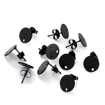304 Stainless Steel Stud Earring Findings, Textured Flat Round, Electrophoresis Black, 10x1mm, Hole: 1.4mm, Pin:0.8mm