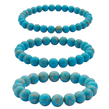 3Pcs 3 Size Synthetic Imperial Jasper Round Beaded Stretch Bracelets Set, Gemstone Jewelry for Women, Cadet Blue, Inner Diameter: 2-1/8 inch(5.5cm), Beads: 6~10mm, 1Pc/size