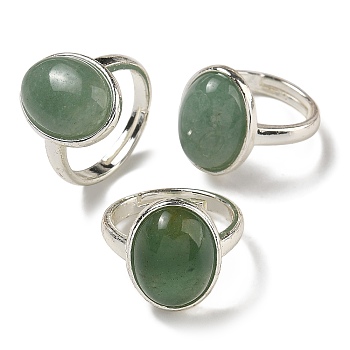 Natural Green Aventurine Oval Adjustable Rings, Lead Free & Cadmium Free, Silver Plated Brass Finger Rings for Women Men, Oval: 18x14mm, Inner Diameter: 18mm