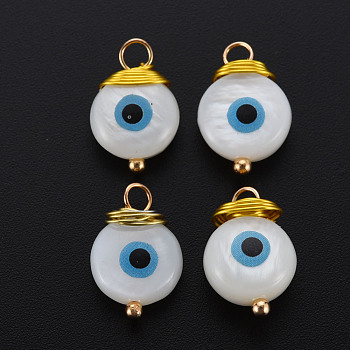 Freshwater Shell Pendants, with Golden Brass Findings, Flat Round with Evil Eye, Seashell Color, 14~15x9.5x4~6mm, Hole: 2~3mm