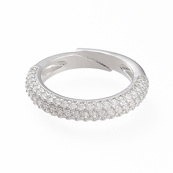 Adjustable Brass Micro Pave Cubic Zirconia Cuff Rings, Open Rings, Long-Lasting Plated, Platinum, Clear, Size 5, 16mm