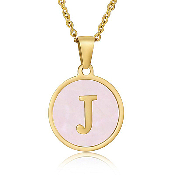 Natural Shell Initial Letter Pendant Necklace, with Golden Stainless Steel Cable Chains, Letter J, 17.72 inch(45cm)