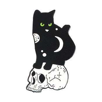 Alloy Enamel Brooches, Skull with Cat, Black, 30.5x15mm