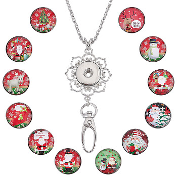 DIY Half Round Pendant Necklace Making Kits, Including Brass & Glass Snap Buttons, Alloy Snap Pendant Making, 304 Stainless Steel Cable Chains Necklaces, Christmas Themed Pattern, 14Pcs/box