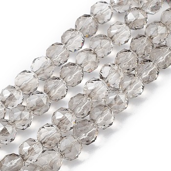 Transparent Electroplate Glass Beads Strands, Faceted, Round, Pearl Luster Plated, Dark Gray, 9~10x9~9.5mm, Hole: 1.4mm, about 54~60pcs/strand, 18.90~21.65 inch(48~55cm)
