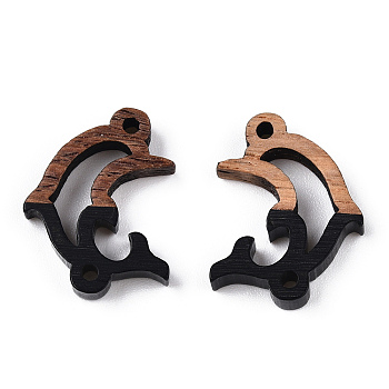 Opaque Resin & Walnut Wood Connector Charms, Dolphin Links, Black, 14x18.5x3mm, Hole: 1.5mm