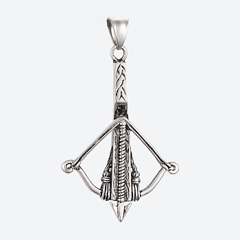 304 Stainless Steel Pendants, Large Hole Pendants, Bow and Arrow, Antique Silver, 54x36x5mm, Hole: 5x9mm