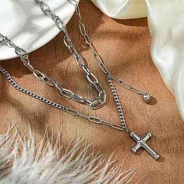 304 Stainless Steel Cross Pendant Chain Necklaces(NJEW-M078-05P)-4