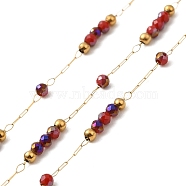 Brass Handmade Beaded Chains, with Glass Beads, with Spool, Unwelded, Real 18K Gold Plated, FireBrick, 9~9.5x2x2mm, about 32.81 Feet(10m)/Roll(CHC-P011-A02-G)
