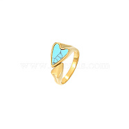 Synthetic Turquoise Heart Open Cuff Ring, Real 18K Gold Plated Titanium Steel Ring, Turquoise, 20.4mm(YN9721-1)