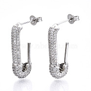 Brass Micro Pave Clear Cubic Zirconia Half Hoop Earrings, Stud Earrings, with Ear Nuts, Nickel Free, Safety Pin Shape, Platinum, 24.5x5mm, Pin: 0.8mm(EJEW-T046-19P-NF)