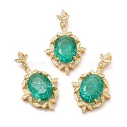Rack Plating Brass & Crushed Ice Cut Cubic Zirconia Pendants, with Rhinestone, Real 14K Gold Plated, Cadmium Free & Lead Free, Oval with Leaf, Light Sea Green, 27x22.5x7.5mm, Hole: 7.5x3.5mm(KK-H438-02G-02)