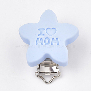 Mother's Day Theme, Food Grade Eco-Friendly Silicone Baby Pacifier Holder Clips, with 304 Stainless Steel Clips, Star with Word I Love Mom, Stainless Steel Color, Light Blue, 46x39x19mm, Hole: 4x14mm(SIL-T050-02D)